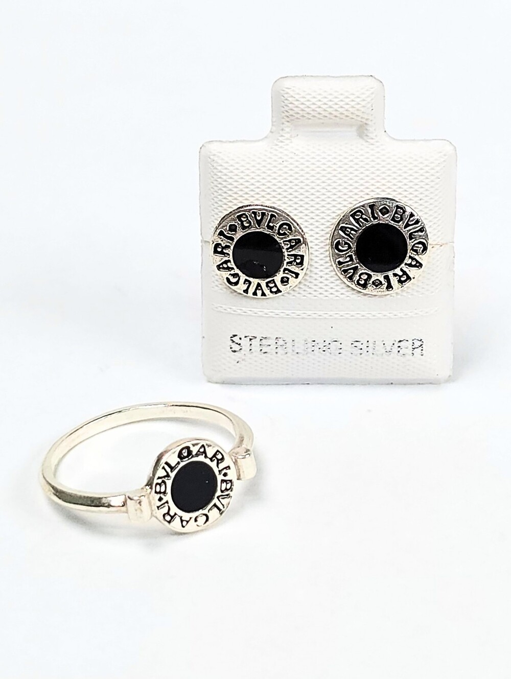 Bvlgari Insp. Black Enamel Stud Earrings & Round Ring Set 925 Sterling Silver